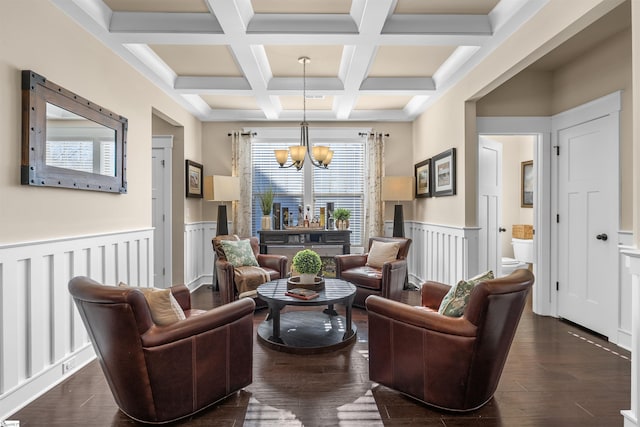 sitting room featuring coffered ceiling, dark wood finished floors, wainscoting, beamed ceiling, and a chandelier