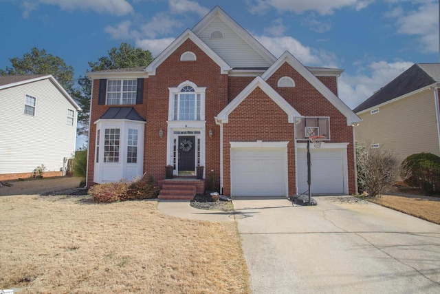 traditional home featuring brick siding, driveway, and a front lawn