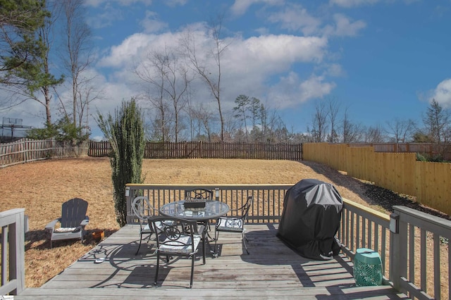 wooden terrace featuring a fenced backyard and a grill