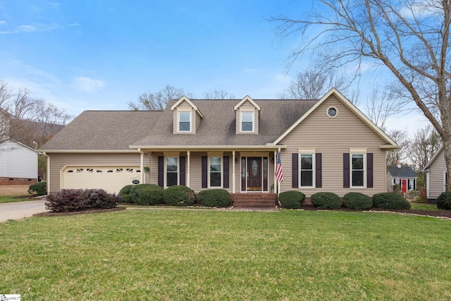 cape cod-style house with a garage, roof with shingles, driveway, and a front lawn