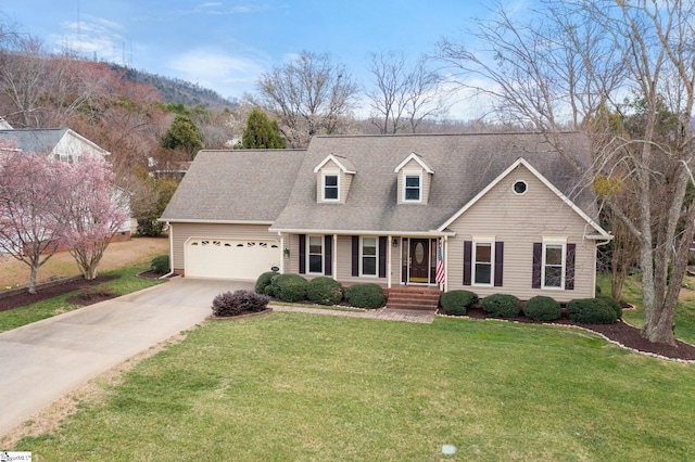 cape cod-style house with an attached garage, a shingled roof, concrete driveway, crawl space, and a front lawn