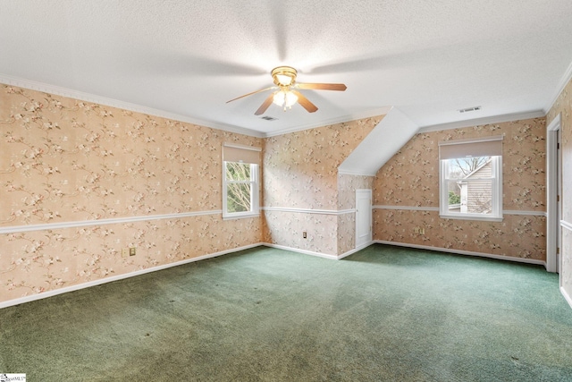 bonus room featuring a textured ceiling, carpet, a wealth of natural light, and wallpapered walls