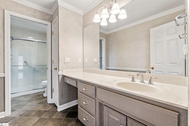 bathroom featuring a stall shower, toilet, ornamental molding, tile patterned floors, and vanity