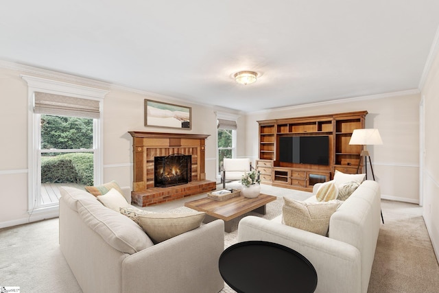 living area featuring light carpet, a fireplace, and ornamental molding