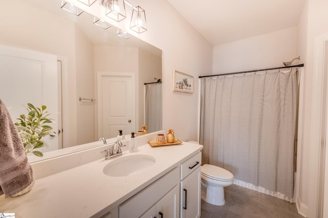 full bath featuring vanity, curtained shower, tile patterned flooring, and toilet