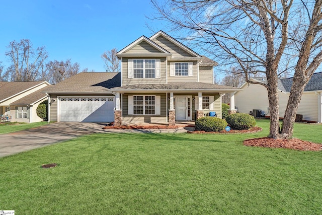 view of front of house featuring covered porch, an attached garage, central AC unit, driveway, and a front lawn