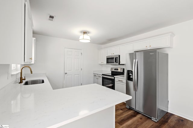 kitchen with dark wood-style flooring, appliances with stainless steel finishes, white cabinets, a sink, and a peninsula