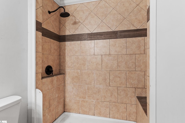 full bathroom with a tile shower and toilet