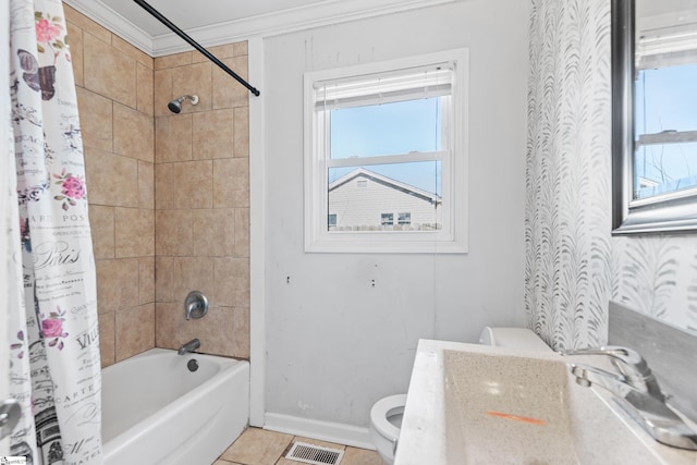 bathroom with tile patterned flooring, toilet, visible vents, shower / tub combo with curtain, and crown molding