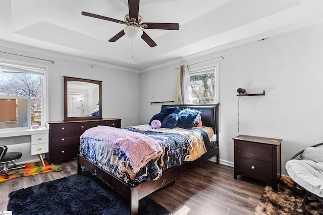 bedroom with a tray ceiling, ceiling fan, and wood finished floors