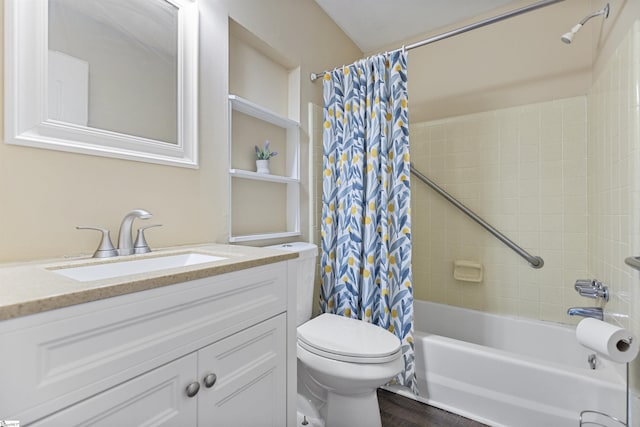 full bath featuring vanity, shower / bath combination with curtain, and toilet