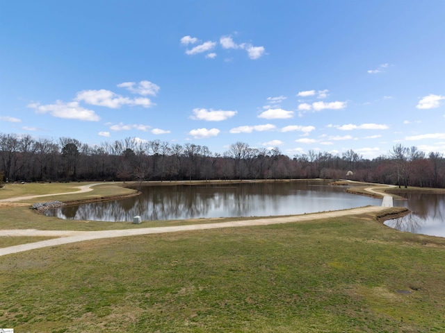 view of water feature with a forest view