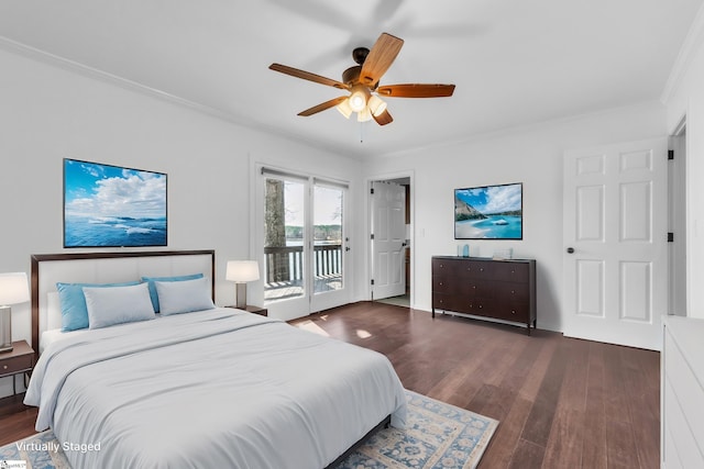 bedroom with crown molding, ceiling fan, dark wood-type flooring, and access to exterior