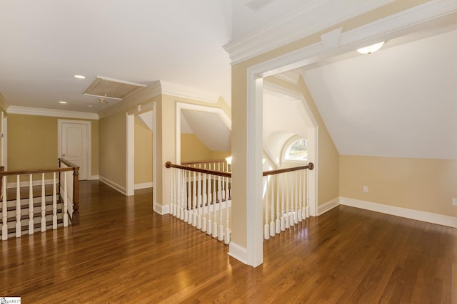 additional living space featuring baseboards, vaulted ceiling, wood finished floors, and recessed lighting