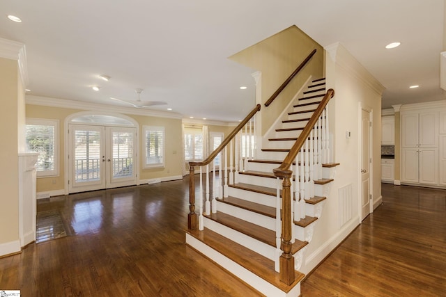 stairs with recessed lighting, french doors, crown molding, and wood finished floors