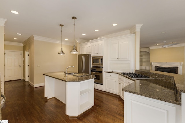 kitchen with open shelves, appliances with stainless steel finishes, dark wood-style flooring, and a fireplace