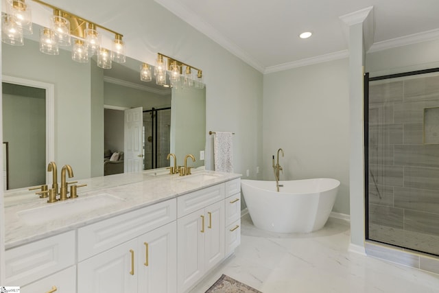 bathroom with marble finish floor, ornamental molding, a sink, and a stall shower