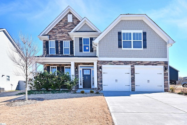 craftsman-style home with driveway, stone siding, an attached garage, and central AC