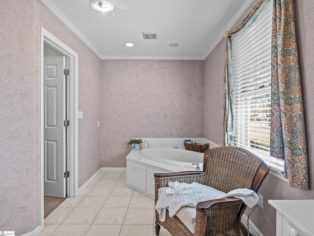 interior space featuring light tile patterned floors, baseboards, visible vents, and crown molding