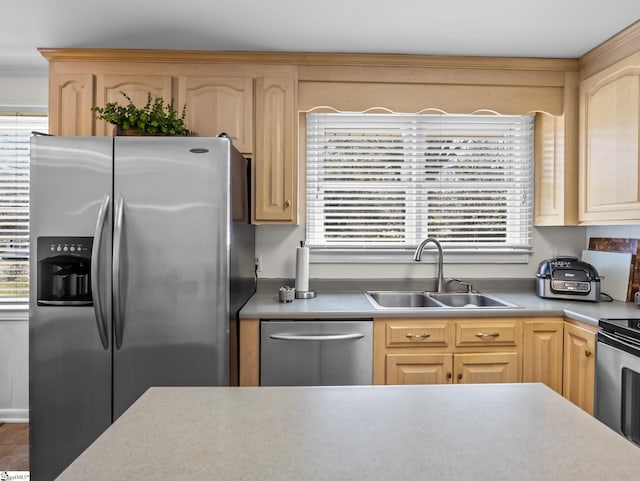 kitchen featuring appliances with stainless steel finishes, light countertops, light brown cabinets, and a sink