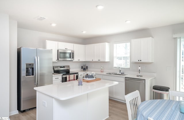 kitchen with visible vents, appliances with stainless steel finishes, white cabinets, a sink, and a kitchen island