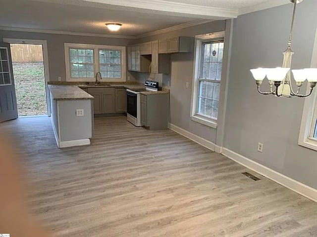 kitchen featuring light wood-type flooring, range with electric cooktop, a sink, and ornamental molding