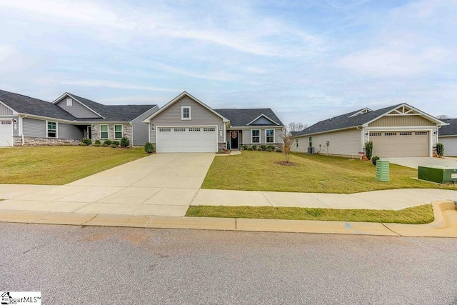 view of front facade with a garage, concrete driveway, and a front lawn