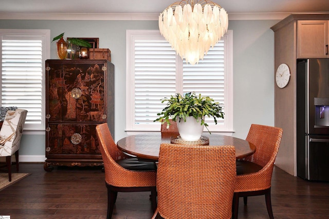 dining room with crown molding, baseboards, and dark wood-type flooring