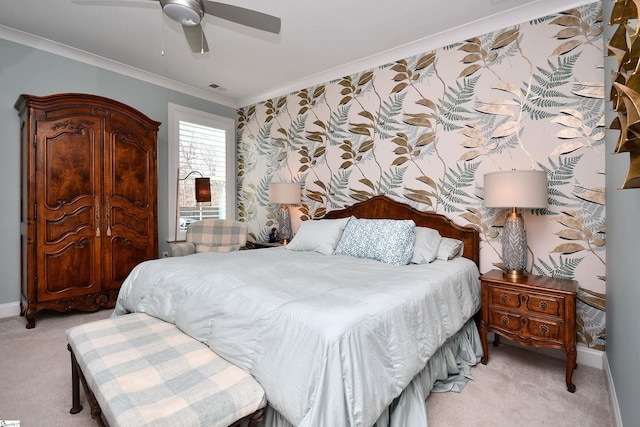 bedroom featuring light carpet, ornamental molding, baseboards, and wallpapered walls