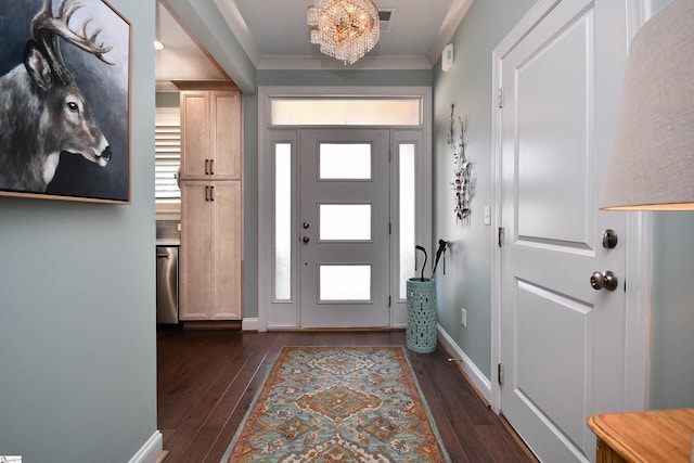 entryway with visible vents, baseboards, dark wood-style flooring, and crown molding