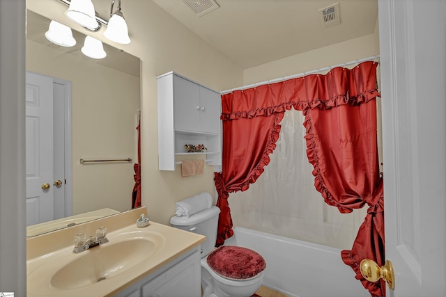 bathroom featuring shower / tub combo, visible vents, vanity, and toilet