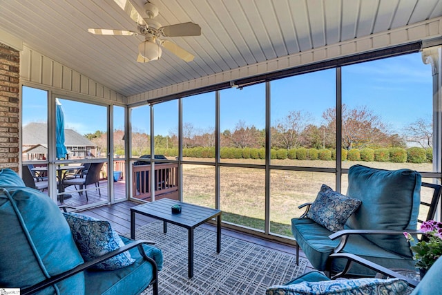 sunroom featuring wood ceiling, a healthy amount of sunlight, vaulted ceiling, and ceiling fan