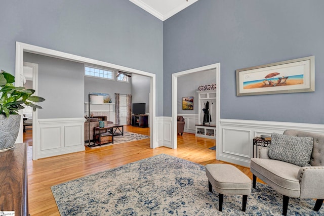 living area featuring ornamental molding, light wood-type flooring, a wainscoted wall, and a towering ceiling