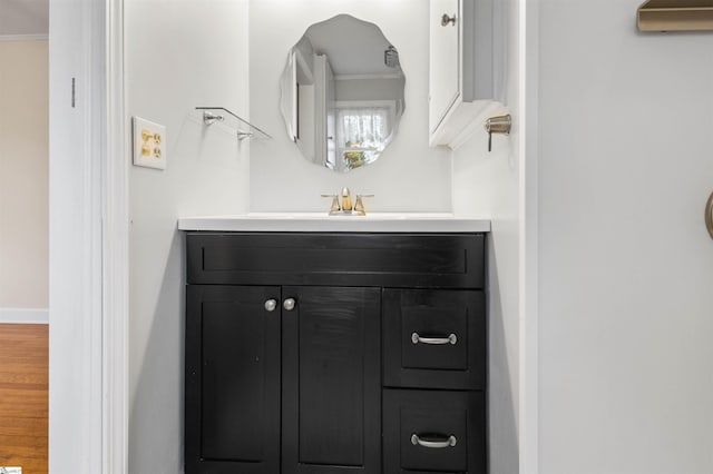 bathroom with vanity, baseboards, and wood finished floors