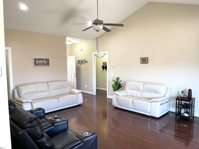 living room featuring high vaulted ceiling, ceiling fan, baseboards, and wood finished floors