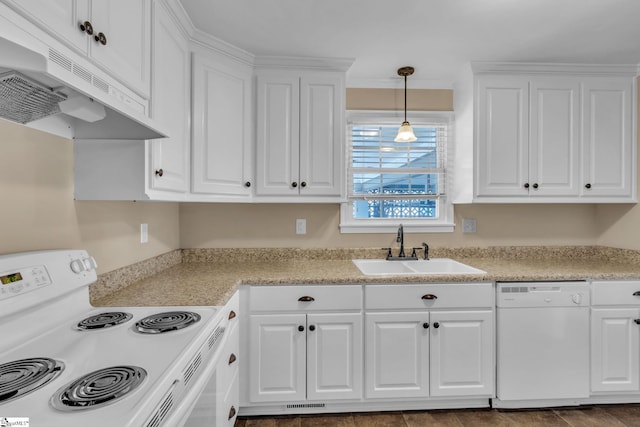 kitchen featuring white appliances, a sink, white cabinetry, and under cabinet range hood