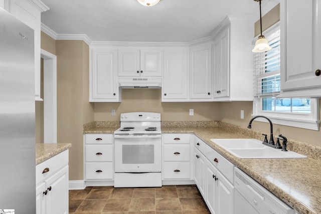 kitchen with white appliances, a sink, white cabinetry, and under cabinet range hood