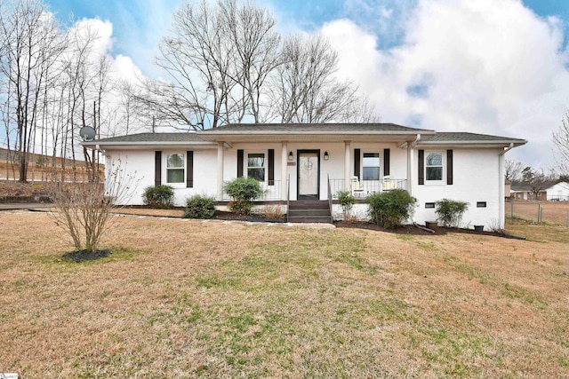 ranch-style home featuring a porch, a front yard, crawl space, and fence