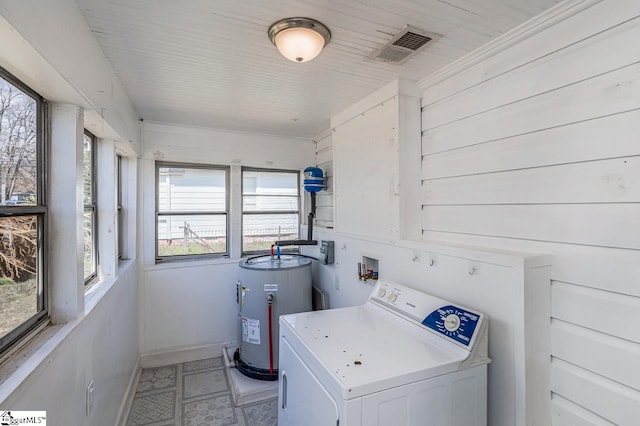 washroom with water heater, visible vents, washer / dryer, laundry area, and baseboards