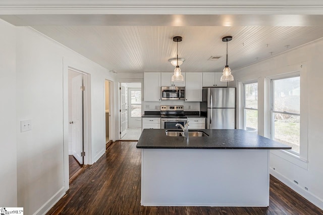 kitchen with a kitchen island with sink, stainless steel appliances, dark wood-type flooring, white cabinets, and dark countertops