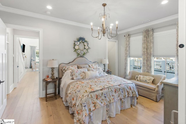 bedroom featuring a notable chandelier, crown molding, recessed lighting, visible vents, and light wood-style flooring