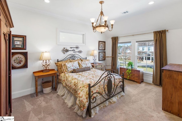 carpeted bedroom with baseboards, visible vents, crown molding, a chandelier, and recessed lighting