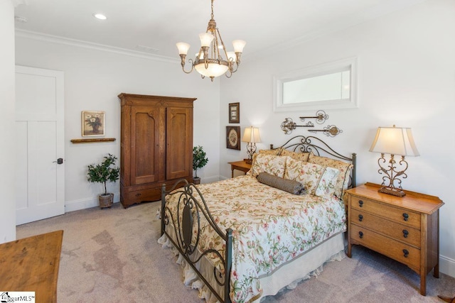 carpeted bedroom featuring an inviting chandelier, baseboards, crown molding, and recessed lighting