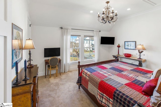 bedroom featuring carpet, a notable chandelier, lofted ceiling, recessed lighting, and baseboards