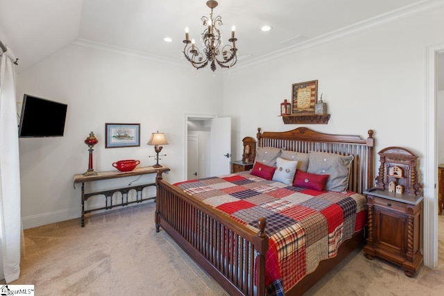 bedroom with lofted ceiling, light carpet, baseboards, ornamental molding, and an inviting chandelier