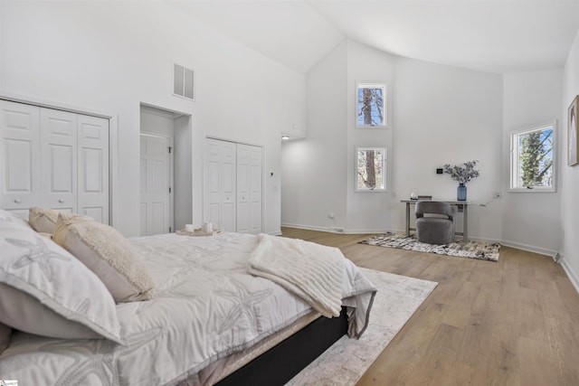 bedroom with multiple windows, wood finished floors, visible vents, and multiple closets