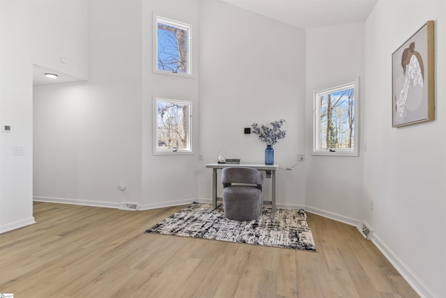 interior space with baseboards, wood finished floors, a towering ceiling, and a healthy amount of sunlight