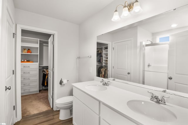 bathroom with toilet, a stall shower, double vanity, and a sink