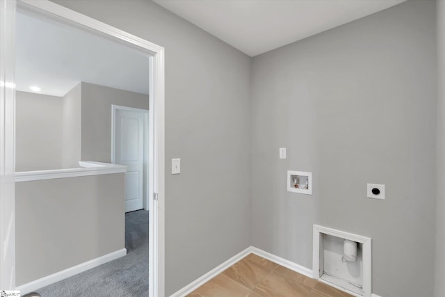 clothes washing area with light carpet, laundry area, baseboards, hookup for a washing machine, and hookup for an electric dryer