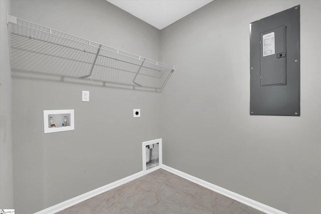 washroom with hookup for a washing machine, laundry area, baseboards, electric panel, and electric dryer hookup